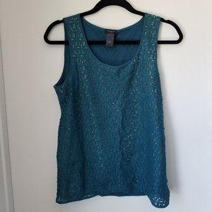 LOFT M Lace Teal Shell Blouse with Nude Lining